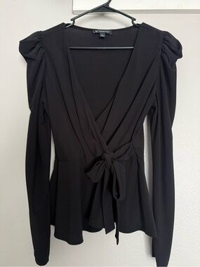INC International Concepts Black Surplice Tie-Waist Puff-Shoulder Blouse
